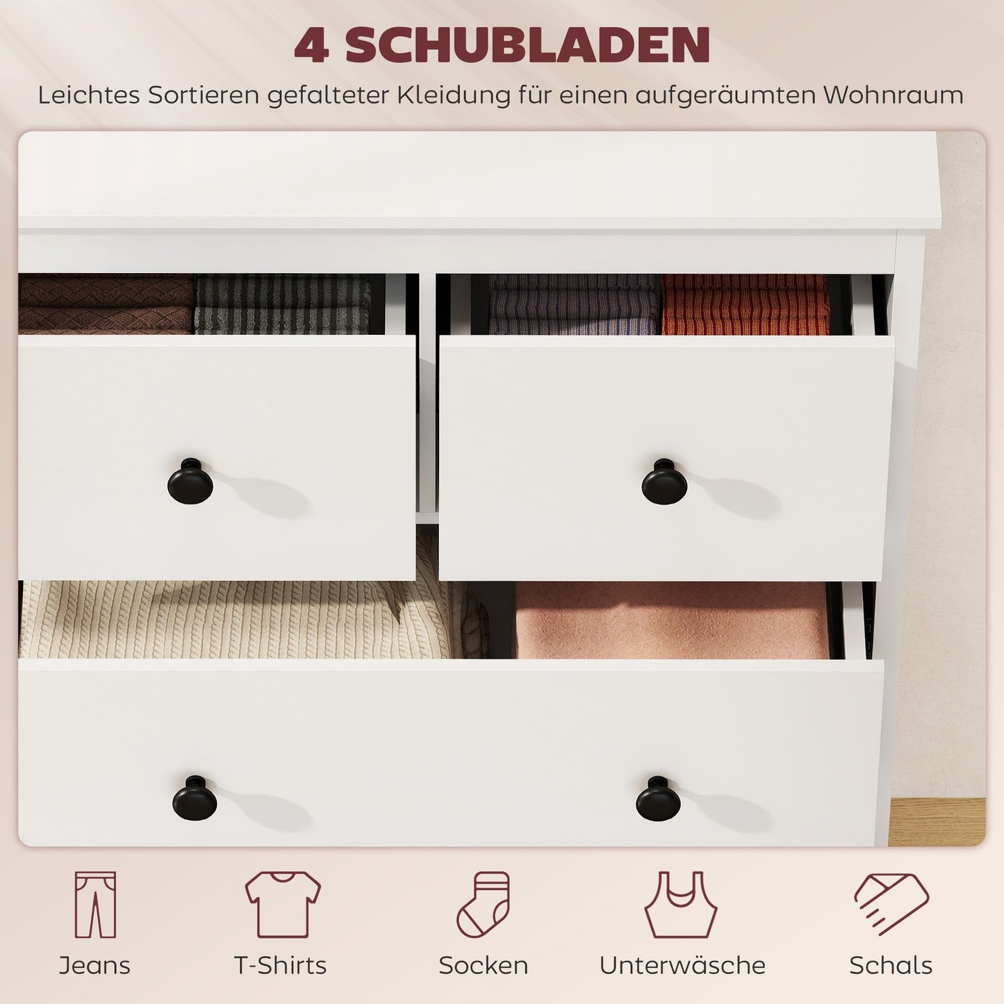 4-Drawer Dresser for Clothes & Linens, White MDF