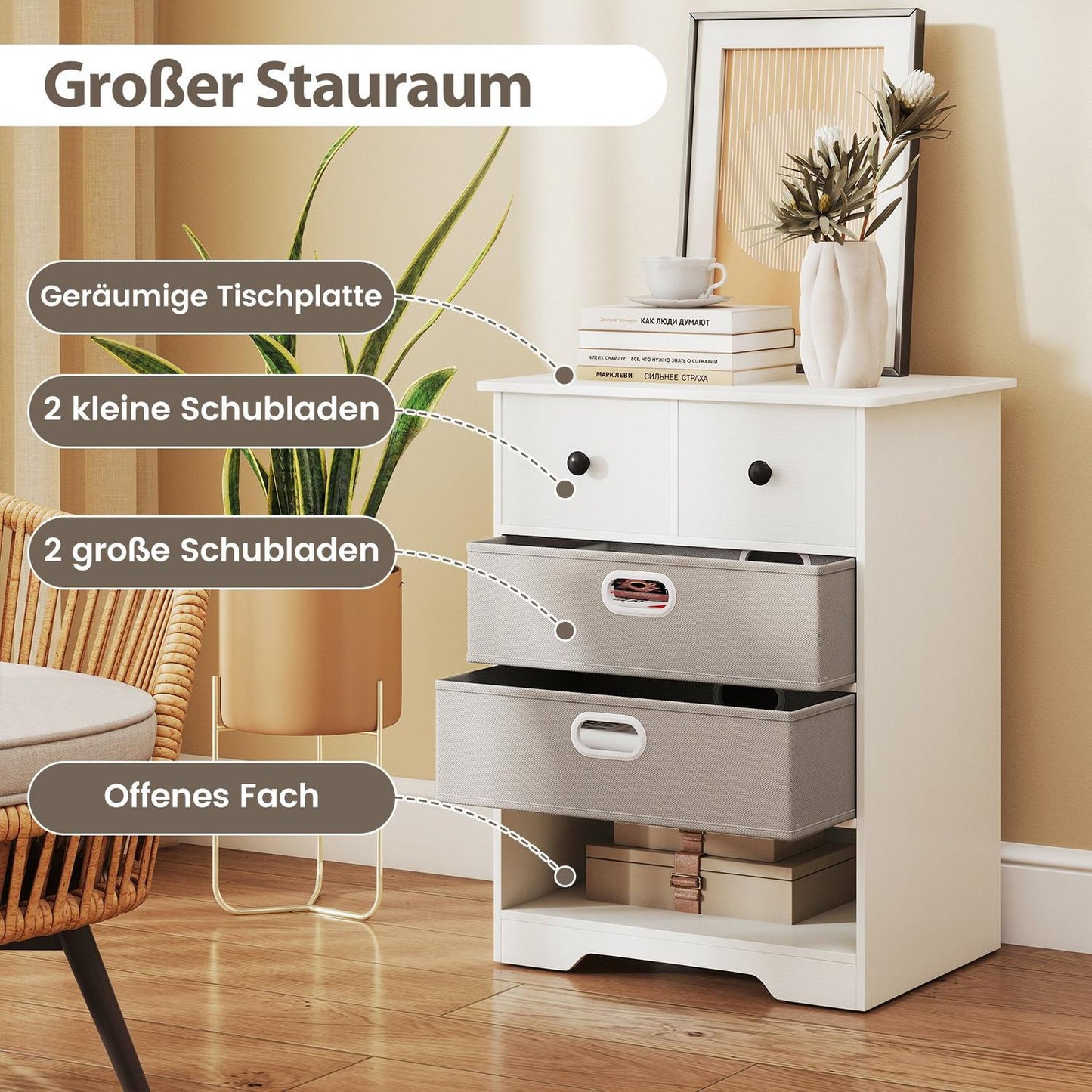4-Drawer Dresser with Open Shelves, White, 58x42x75 cm