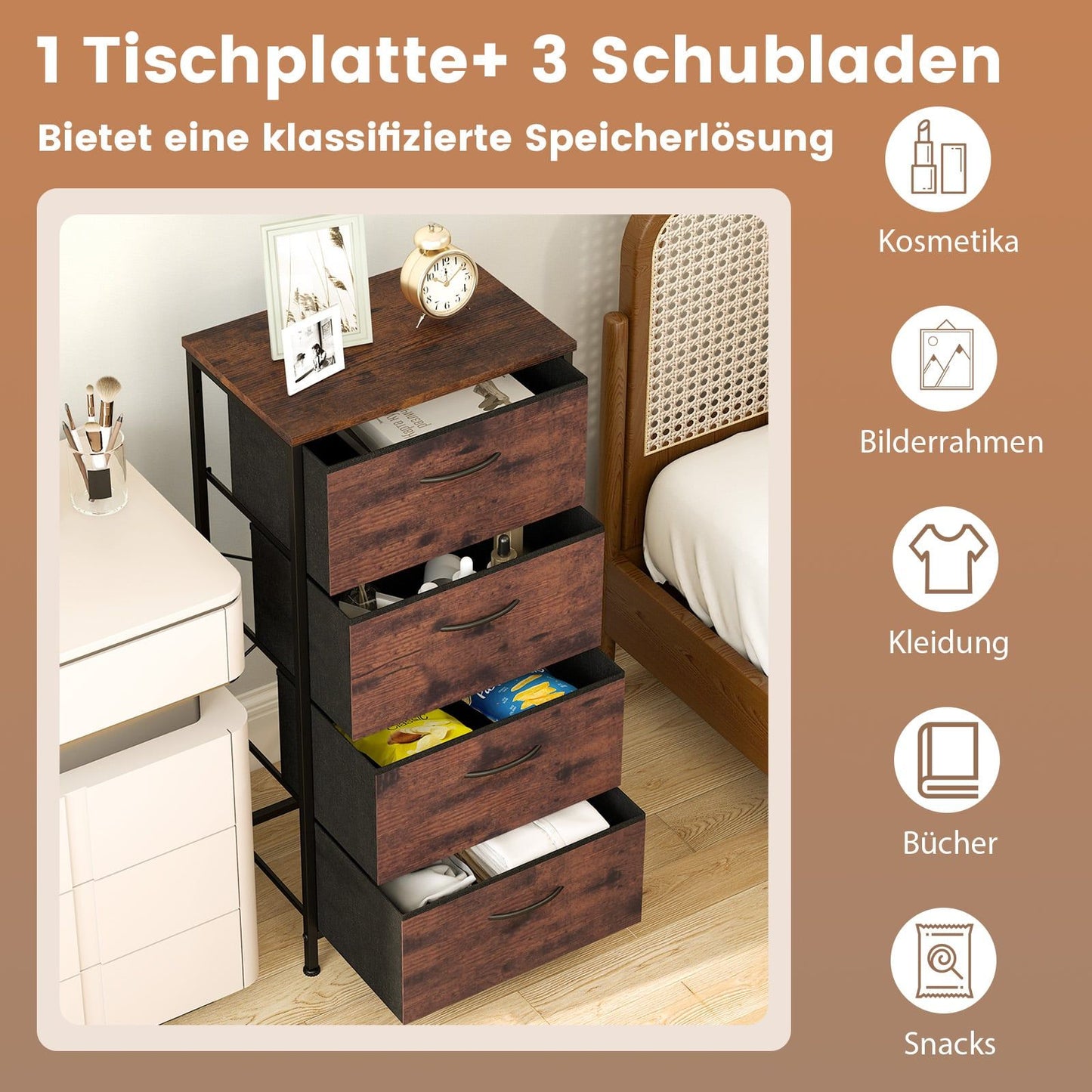 4-Drawer Dresser with Wood Top & Metal Frame, Rustic Brown