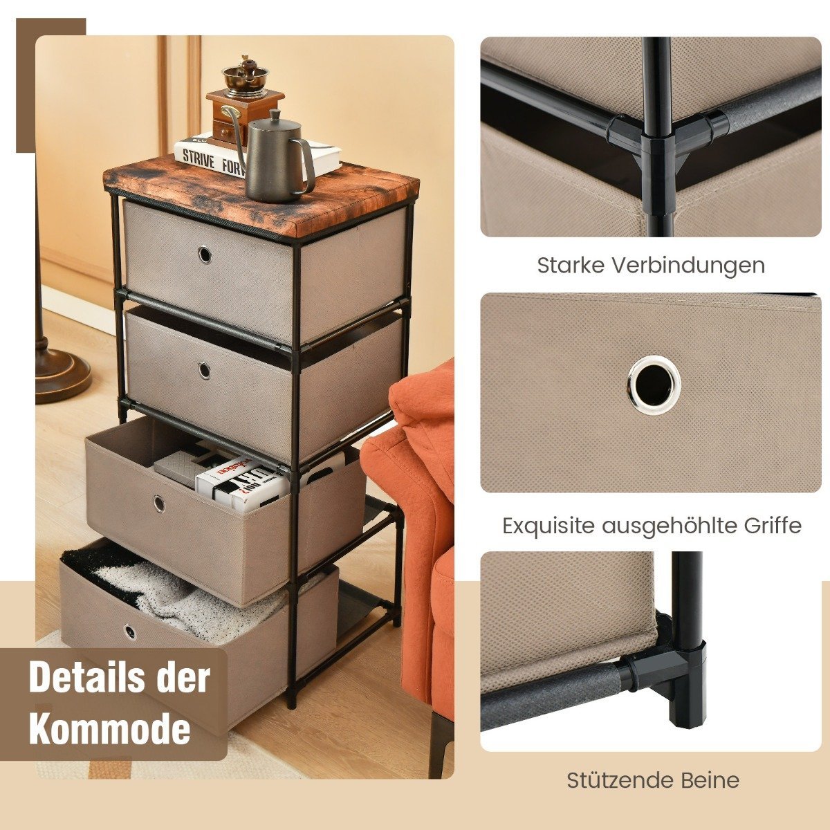 4-Drawer Fabric Dresser for Bedroom Storage, 42x33.5x84.5 cm