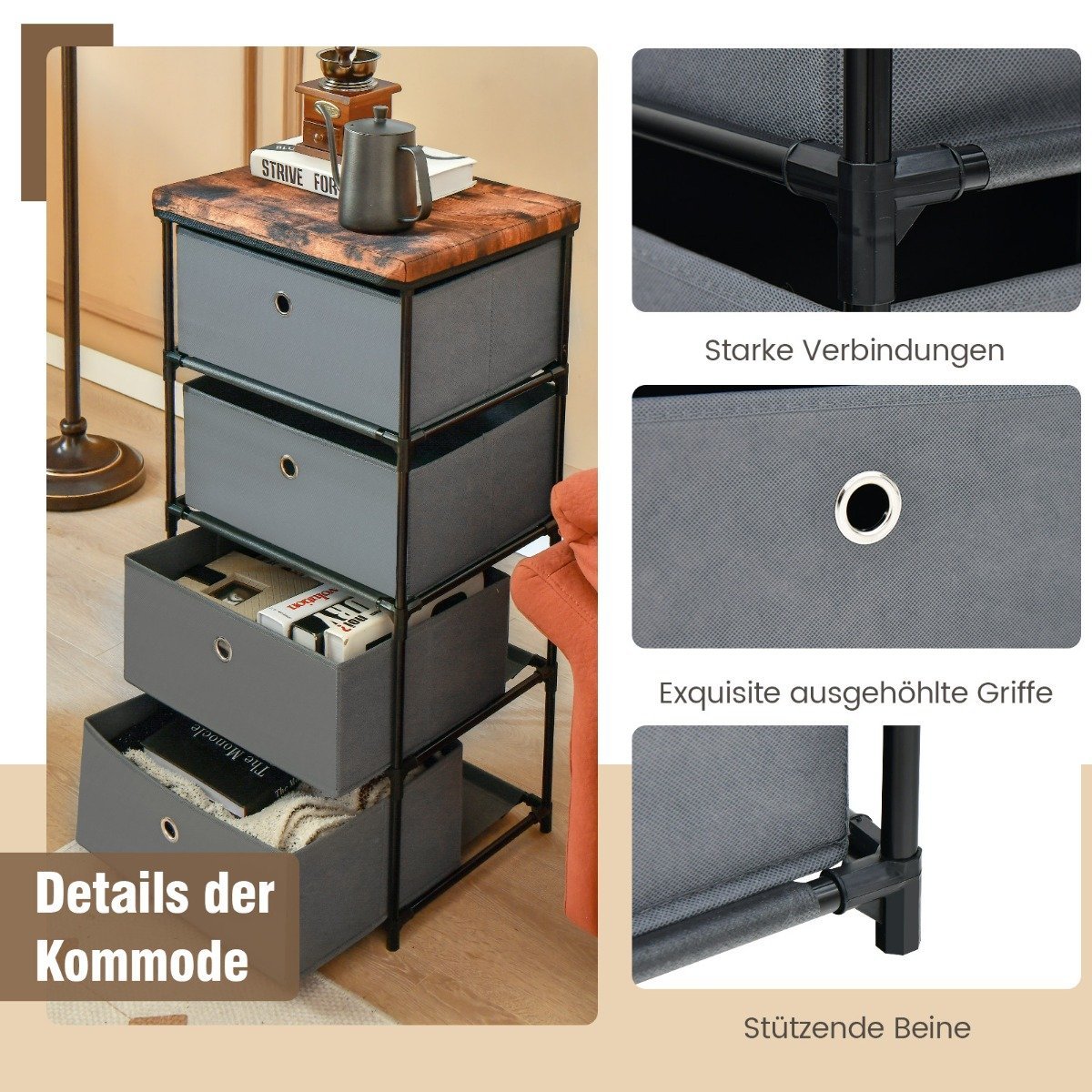 4-Drawer Fabric Dresser for Bedroom Storage, 42x33.5x84.5 cm, Gray