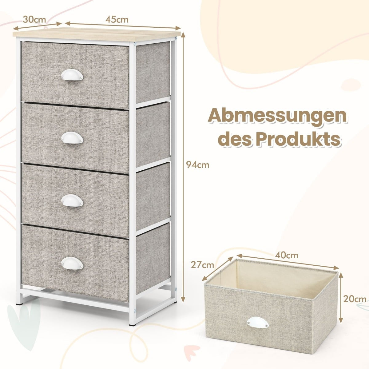 4-Drawer Fabric Dresser with Metal Frame, 45x30x94 cm