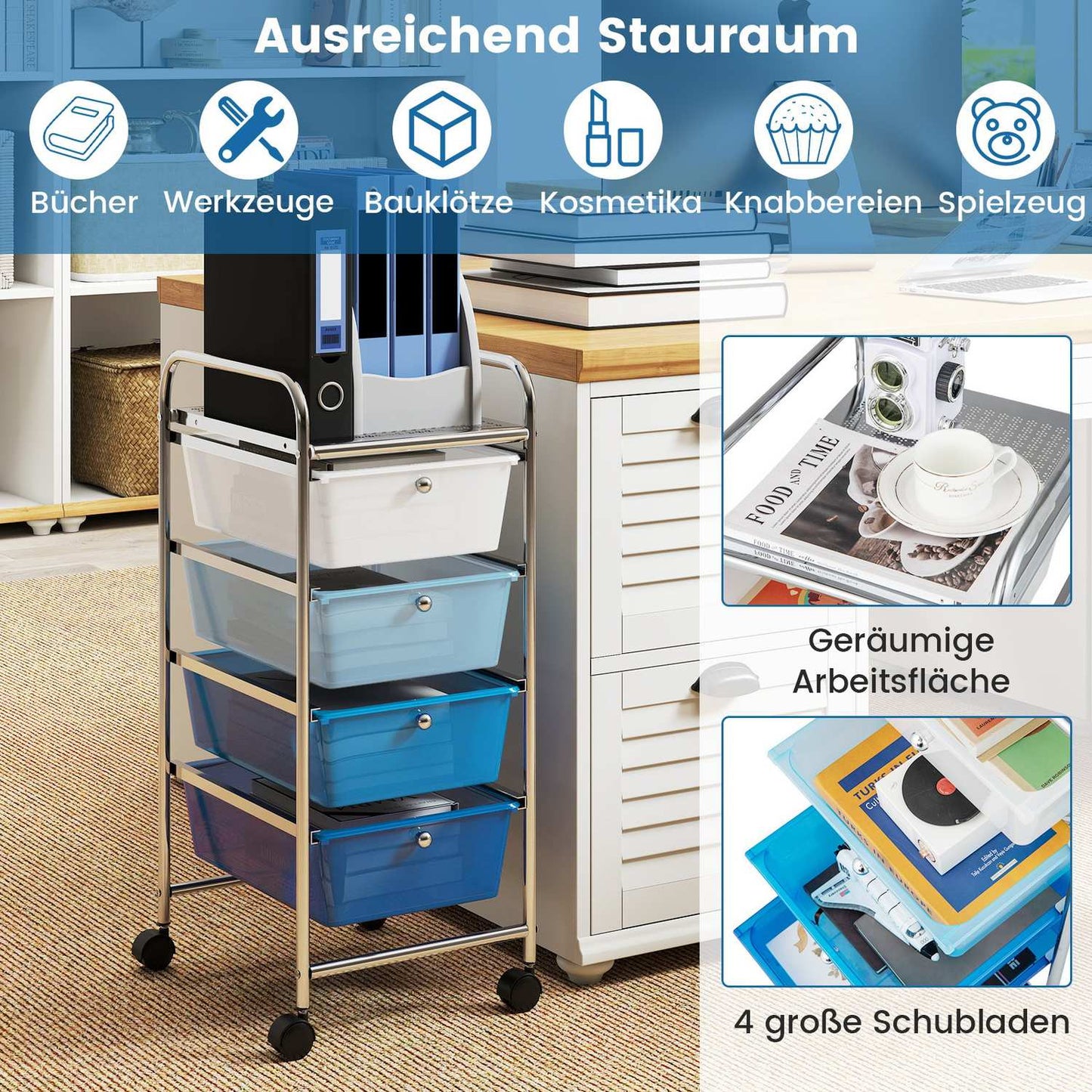 4-Drawer Rolling Storage Cart with Removable Bins