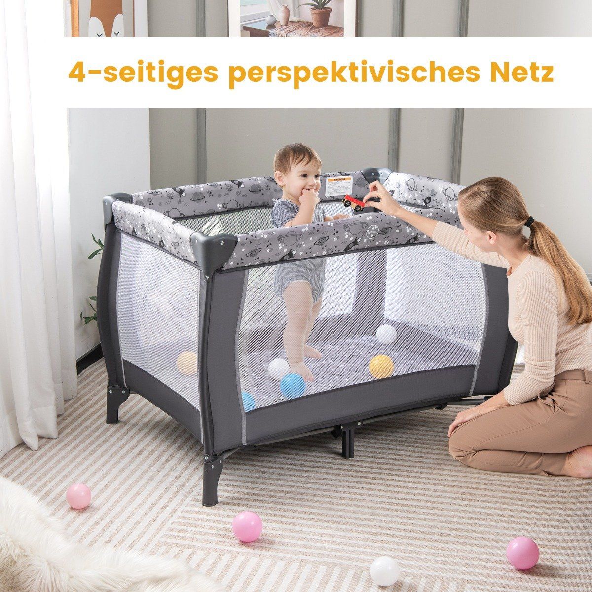 4 IN 1 Baby Bed Portable Side Bed Travel Bed with Foldable Mattress & Changing Table Light Gray
