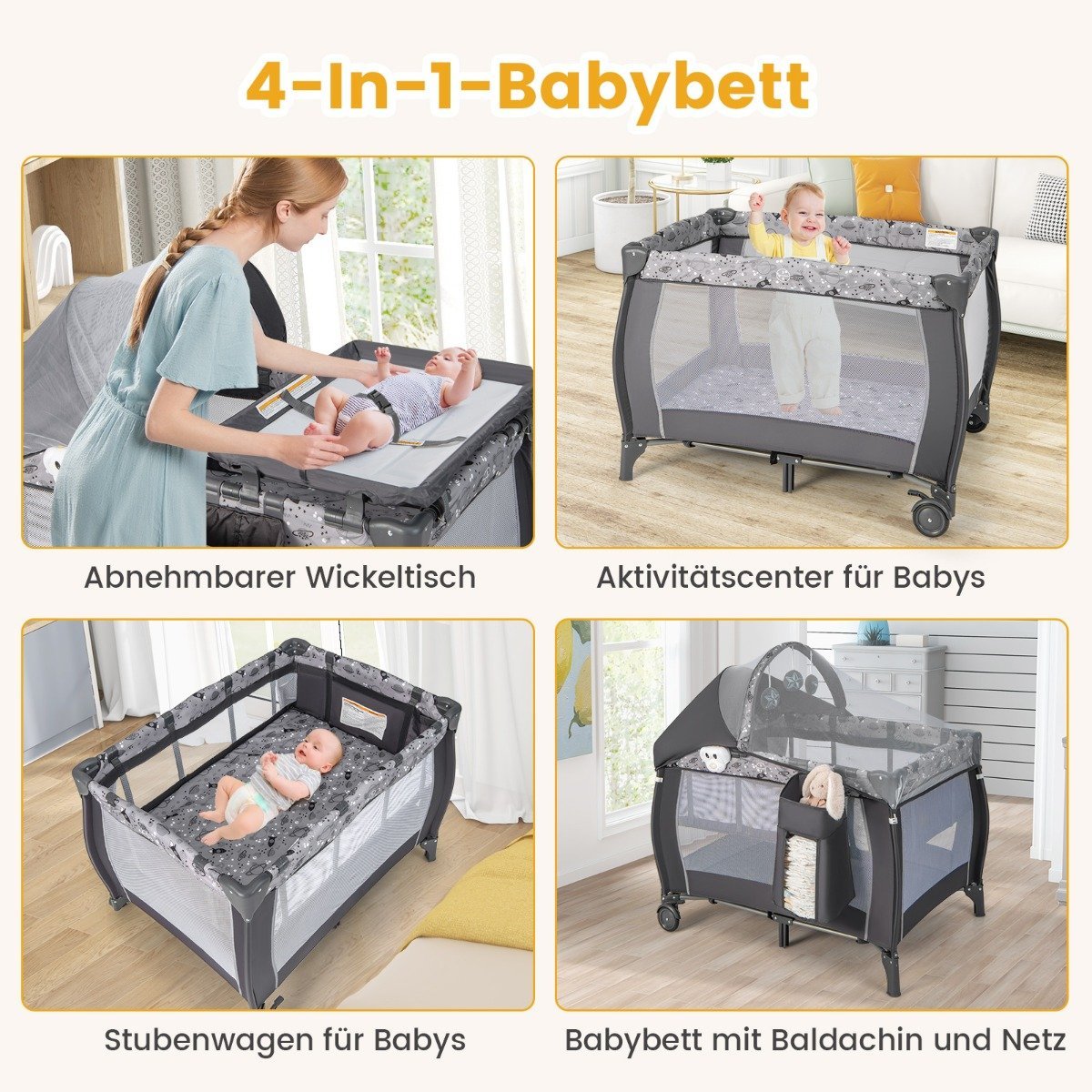 4 IN 1 Baby Bed Portable Side Bed Travel Bed with Foldable Mattress & Changing Table Light Gray