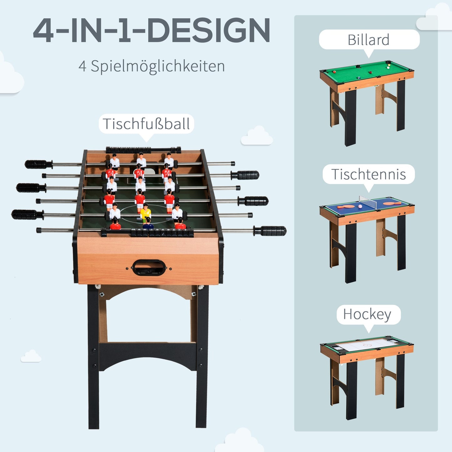 4-in-1 multi-game table: Football, hockey, billiards, tennis