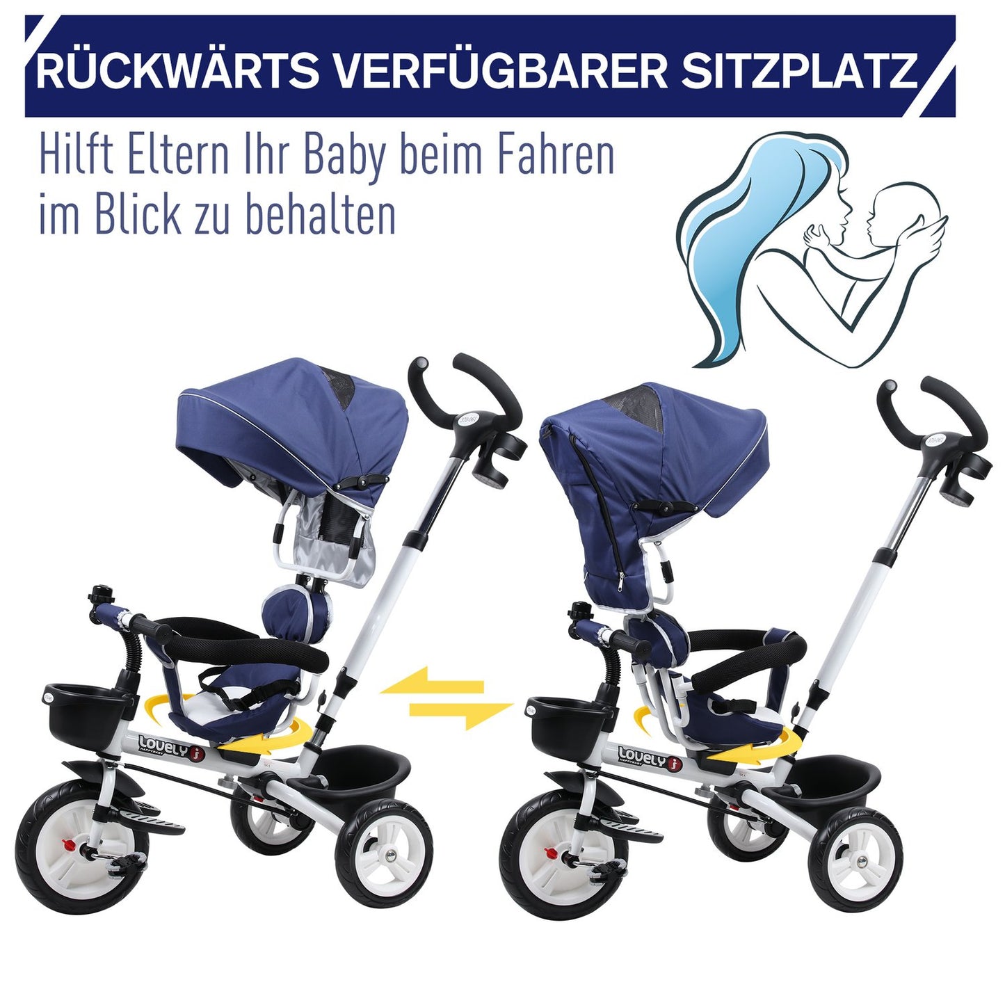 Blue 4-in-1 tricycle for children with safety belt and hood