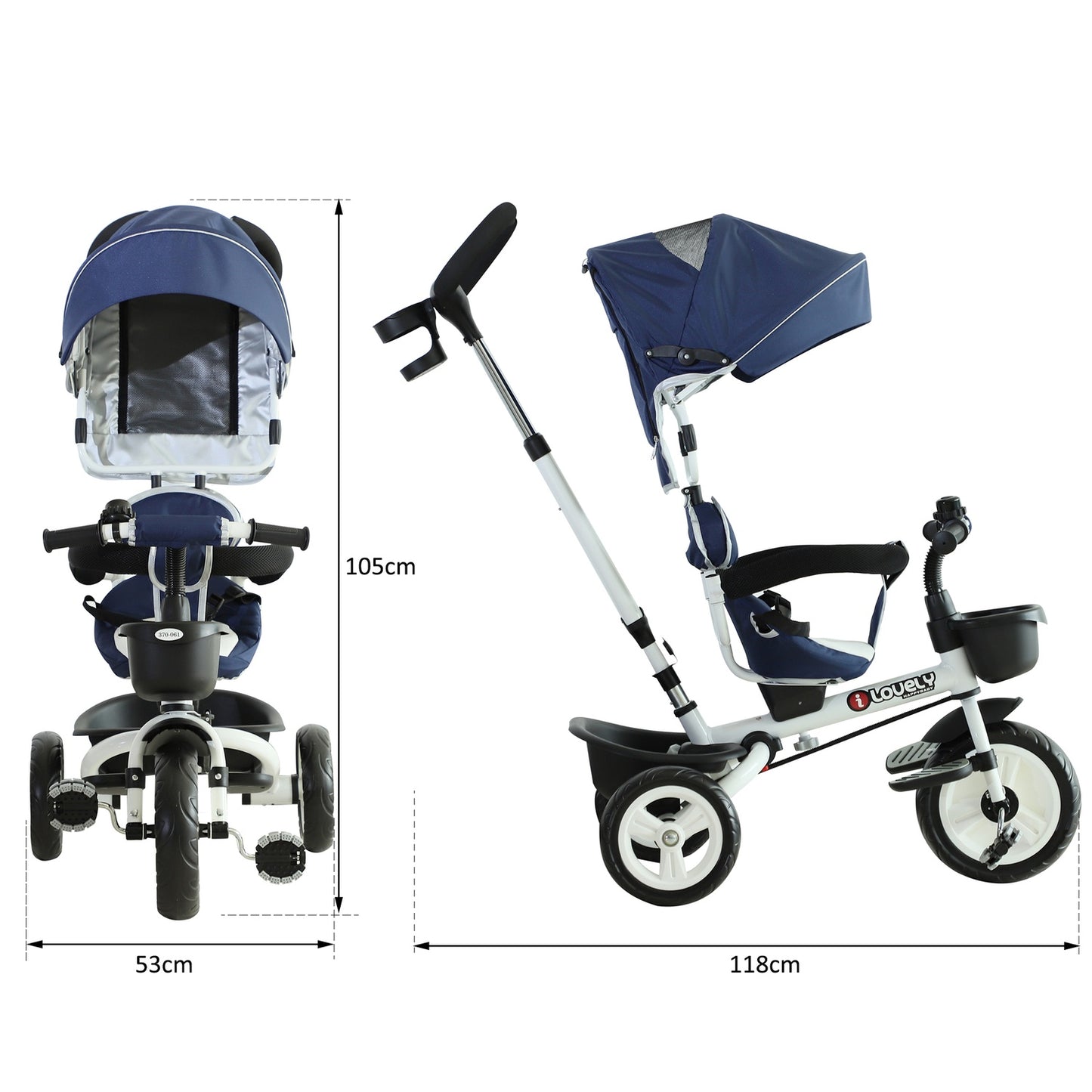 Blue 4-in-1 tricycle for children with safety belt and hood