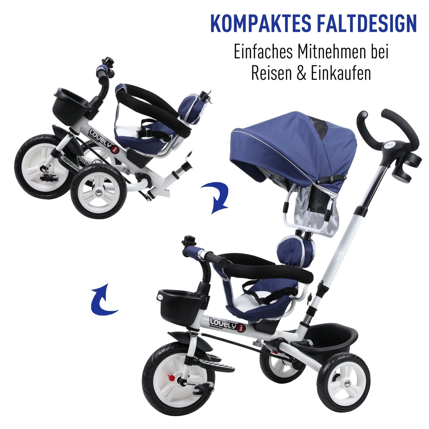 Blue 4-in-1 tricycle for children with safety belt and hood