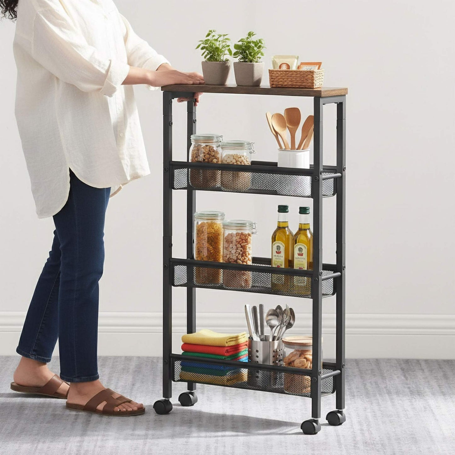 4-Level Kitchen Trolley, Metal & MDF, Mobile Storage