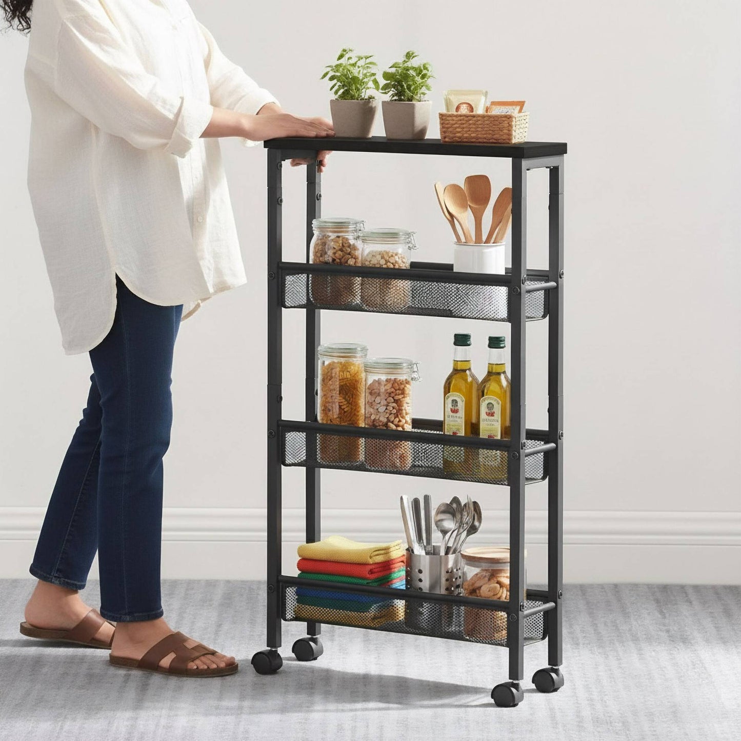 4-Level Kitchen Trolley, Metal & MDF, Mobile Storage