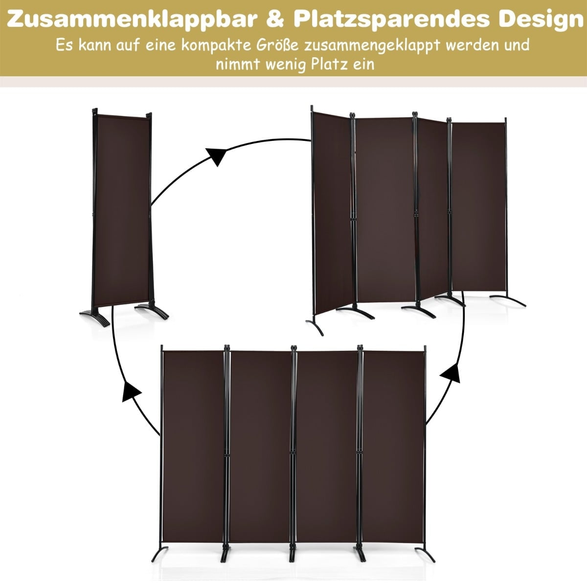 4-Panel 173 cm Privacy Screen with Steel Frame, Brown