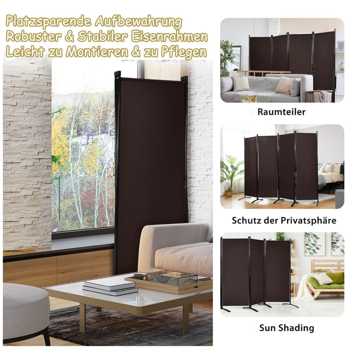 4-Panel 173 cm Privacy Screen with Steel Frame, Brown