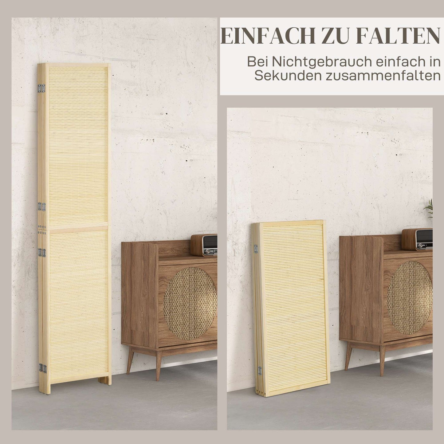4-Panel Bamboo Room Divider, Natural Wood Finish