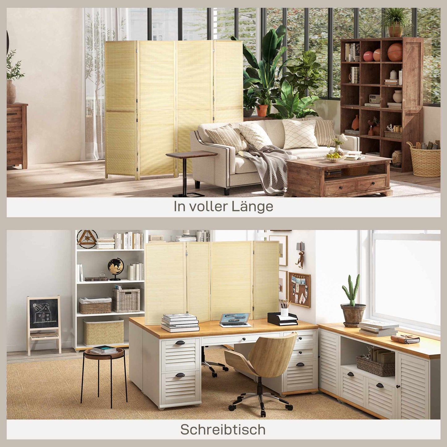 4-Panel Bamboo Room Divider, Natural Wood Finish