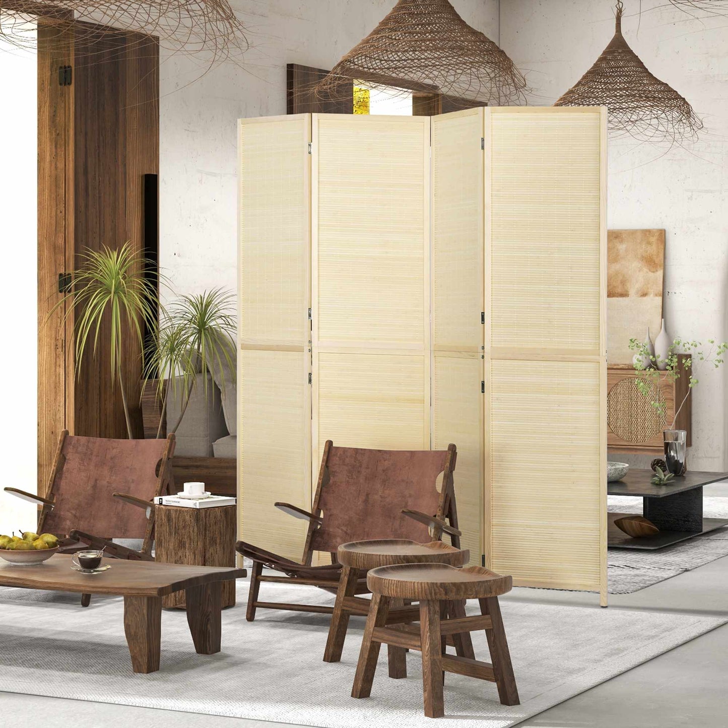4-Panel Bamboo Room Divider, Natural Wood Finish