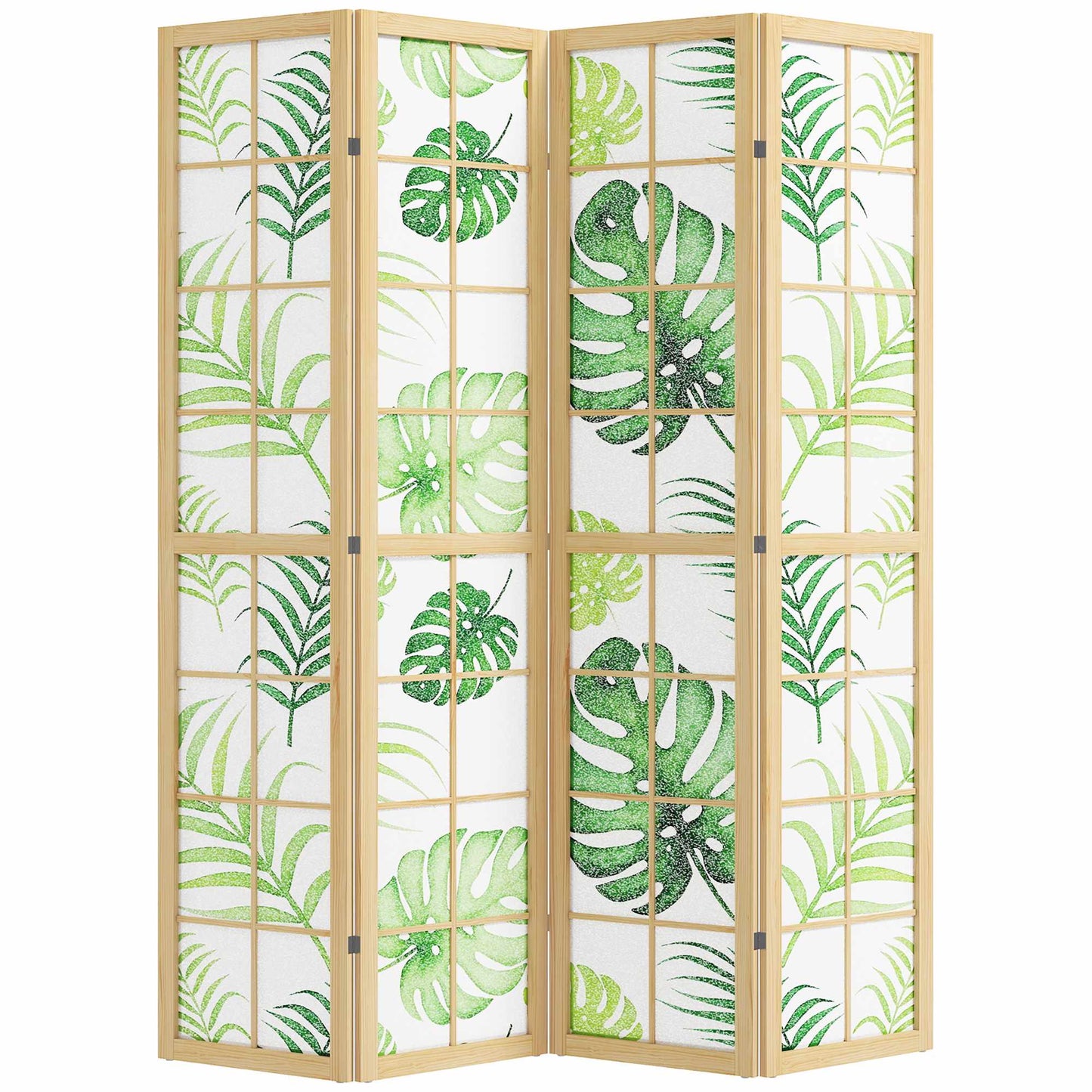 4-Panel Folding Room Divider, Boho Palm Design, Green