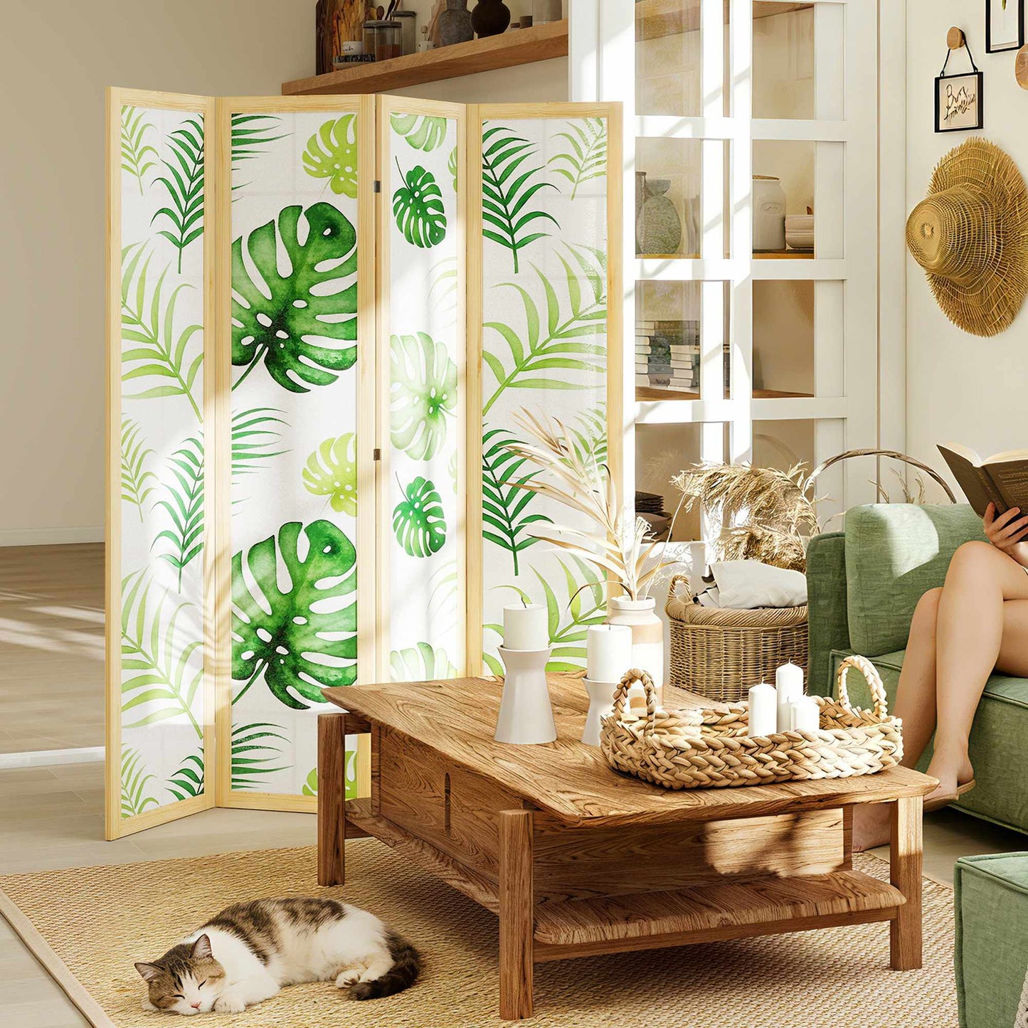 4-Panel Folding Room Divider, Boho Palm Design, Green