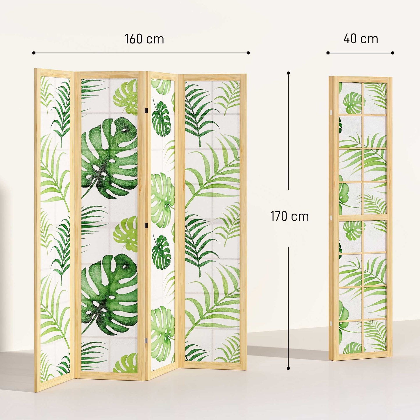 4-Panel Folding Room Divider, Boho Palm Design, Green