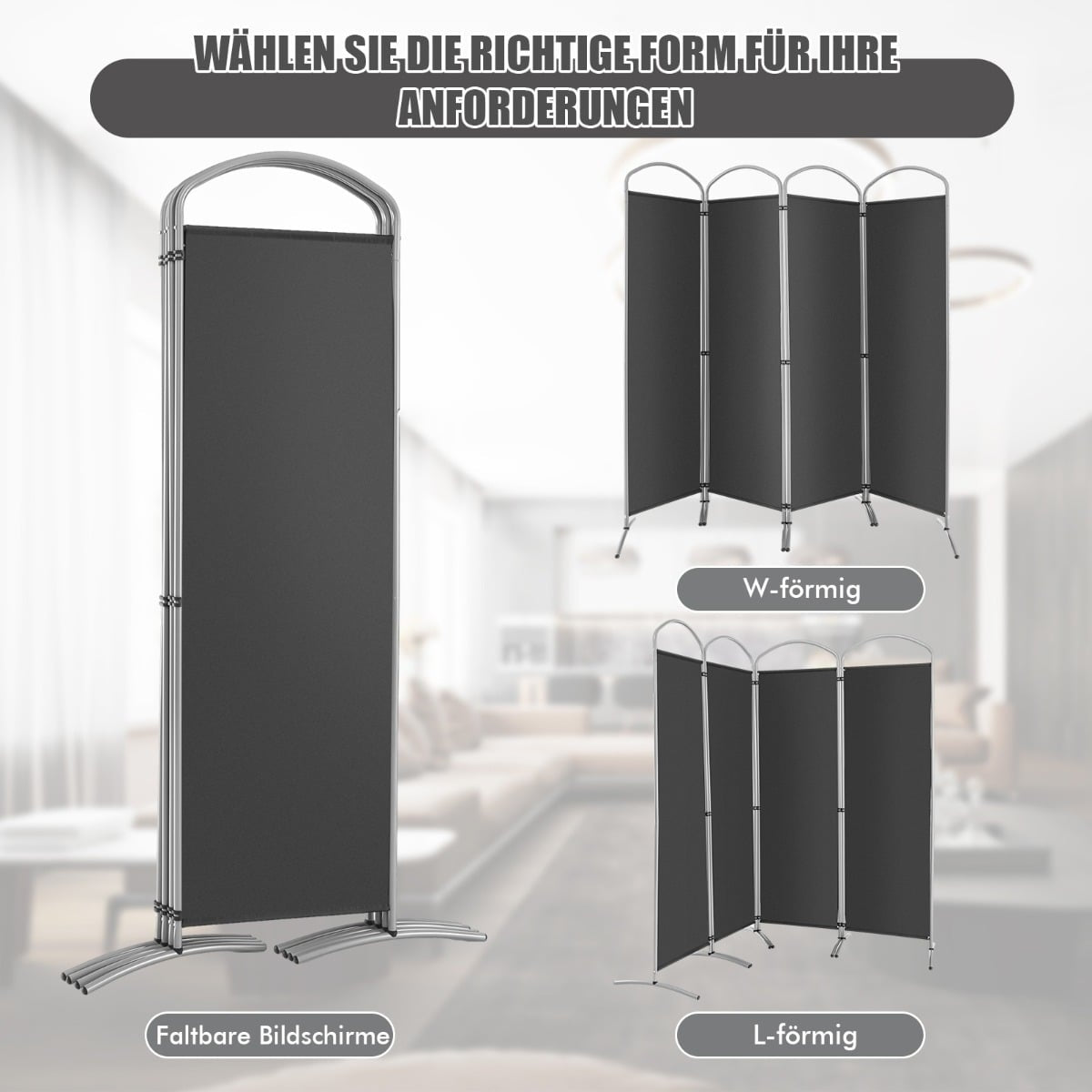 4-Panel Folding Room Divider, Gray, 221 x 188 cm