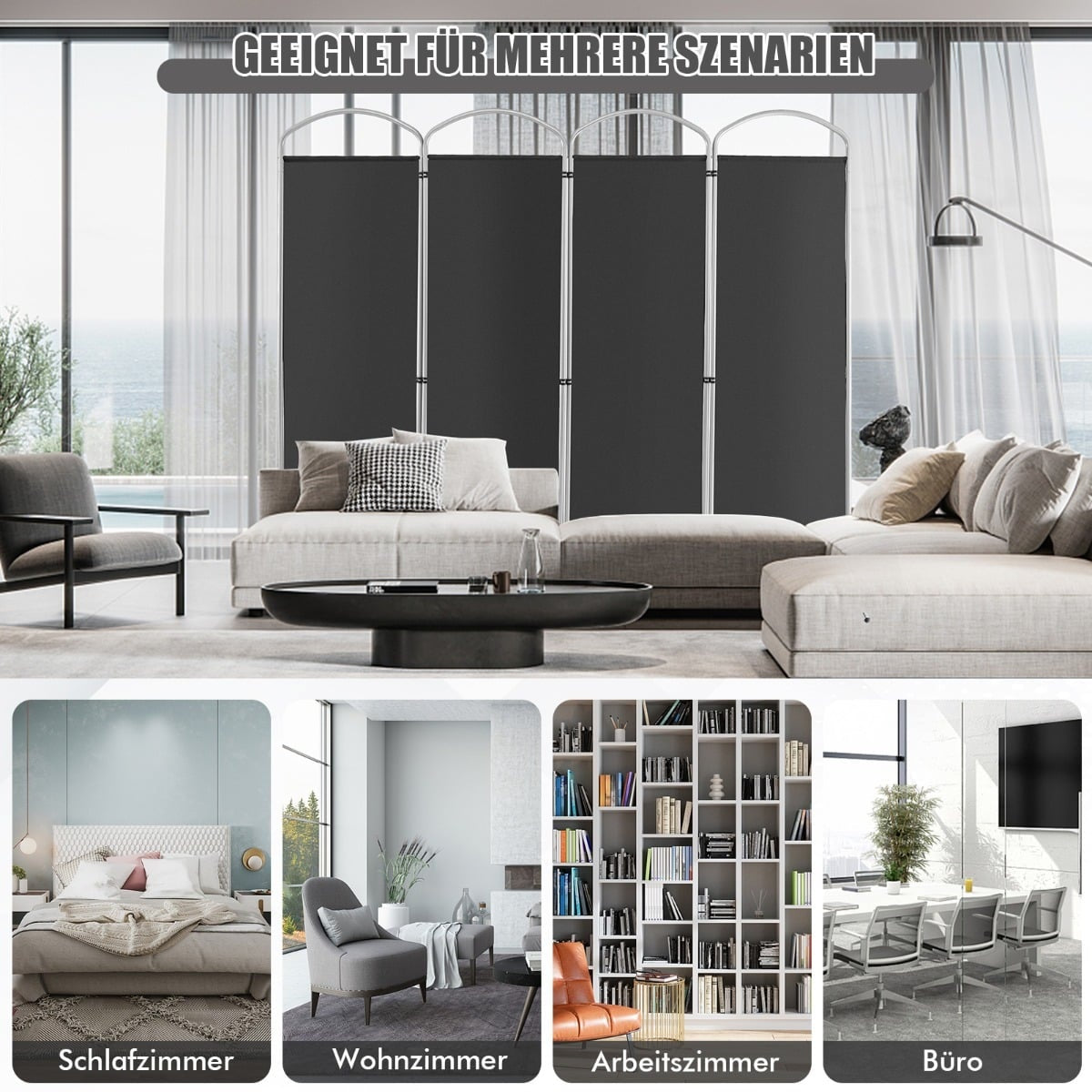 4-Panel Folding Room Divider, Gray, 221 x 188 cm