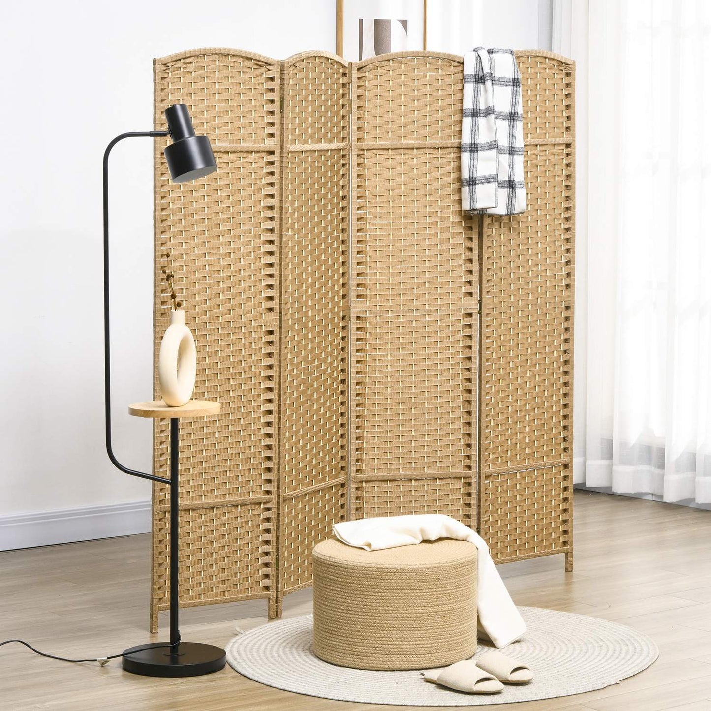 4-Panel Folding Room Divider, Natural Wood, Privacy Screen