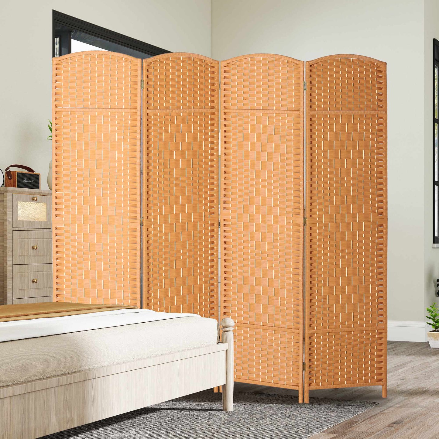 4-Panel Folding Room Divider, Polypropylene, Pine Wood