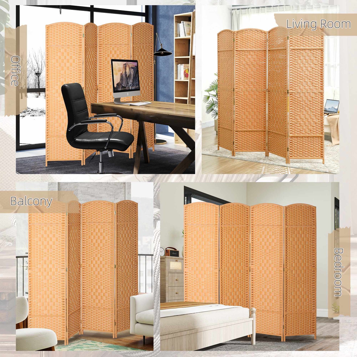 4-Panel Folding Room Divider, Polypropylene, Pine Wood