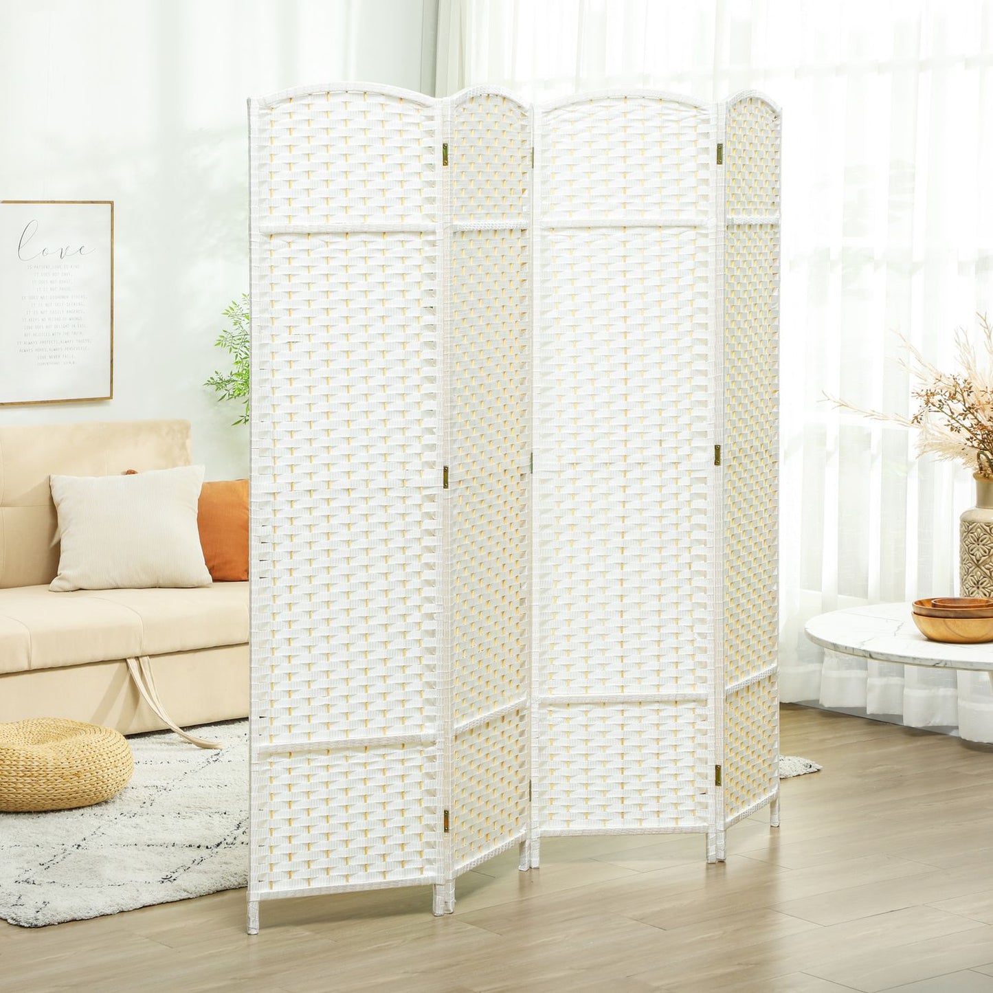 4-Panel Folding Room Divider, White Polypropylene