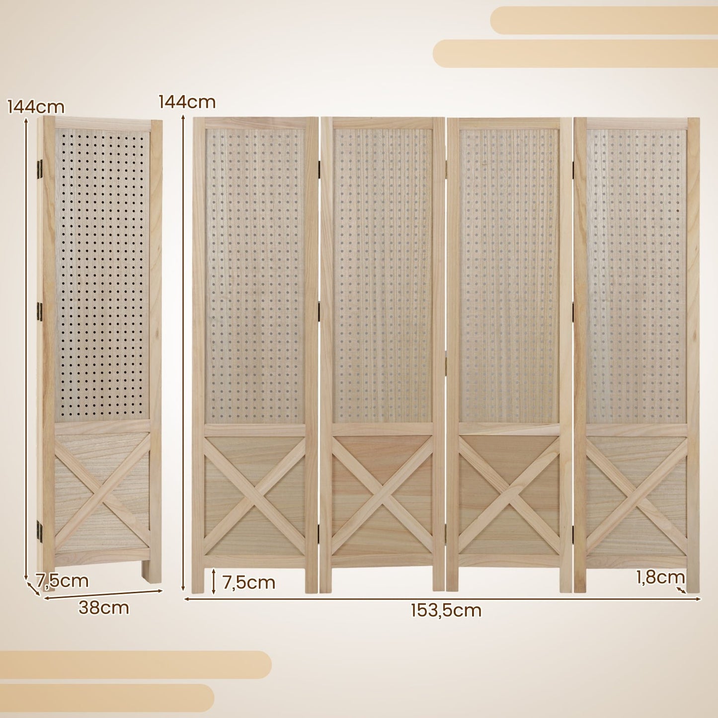 4-Panel Folding Room Divider with Pegboard, Natural Wood