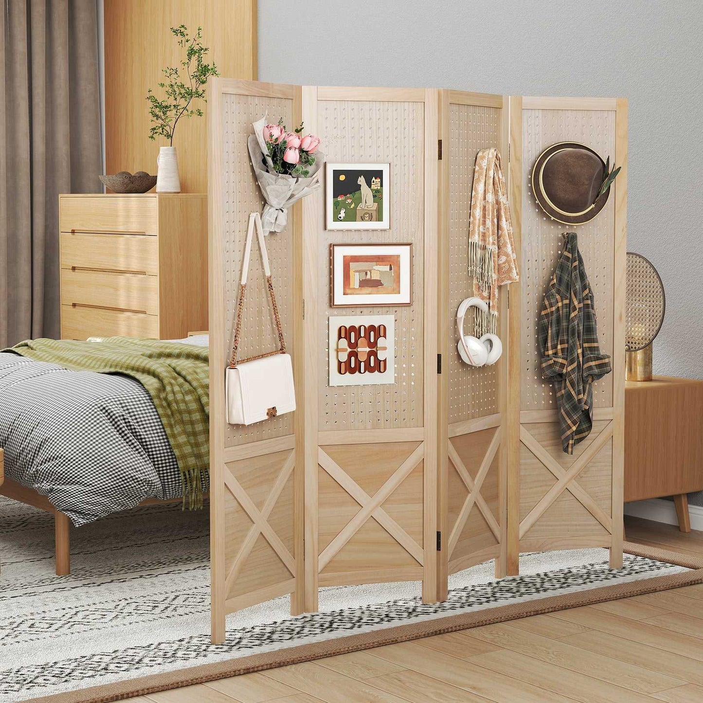 4-Panel Folding Room Divider with Pegboard, Natural Wood
