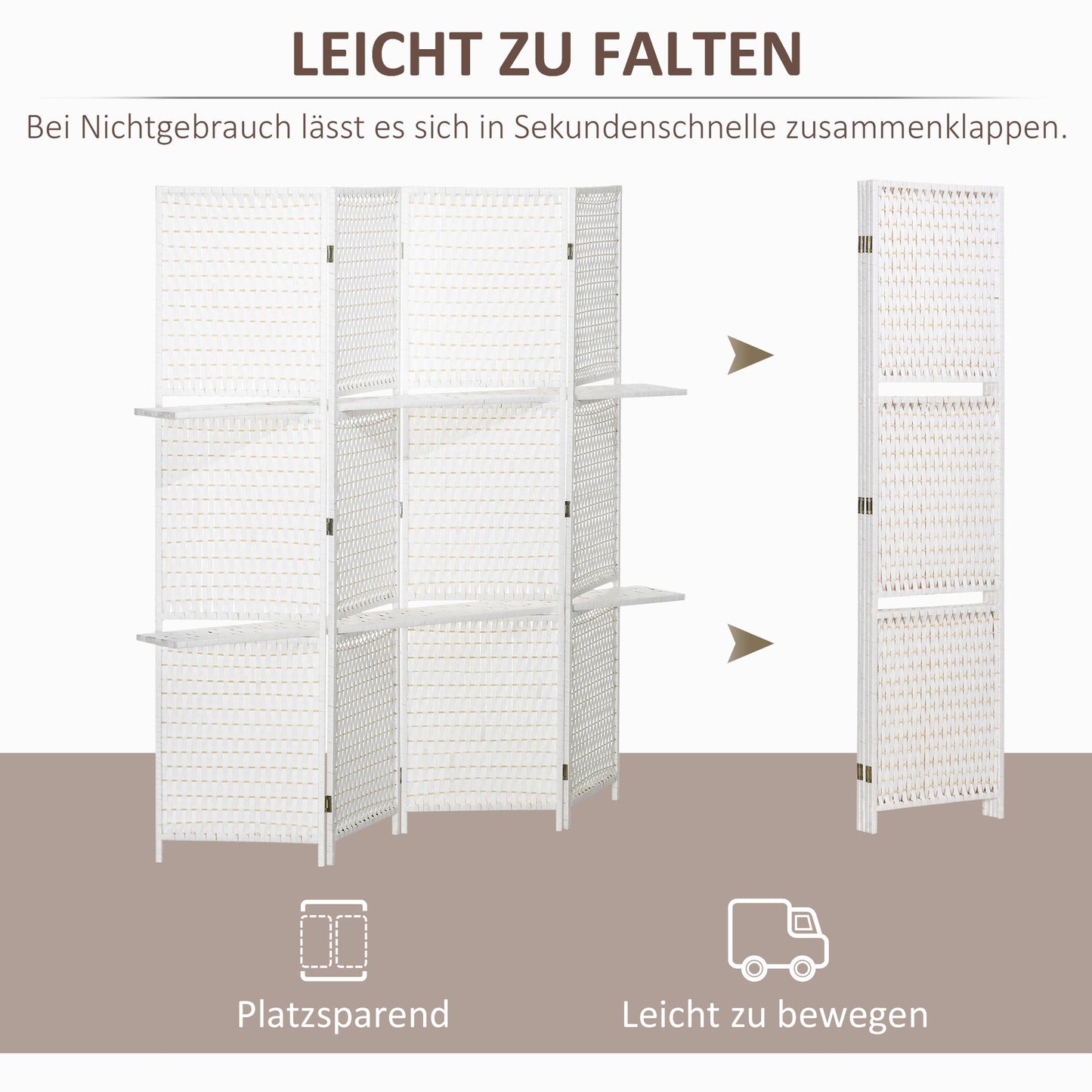 4-Panel Folding Room Divider with Shelves, Pine/Bamboo