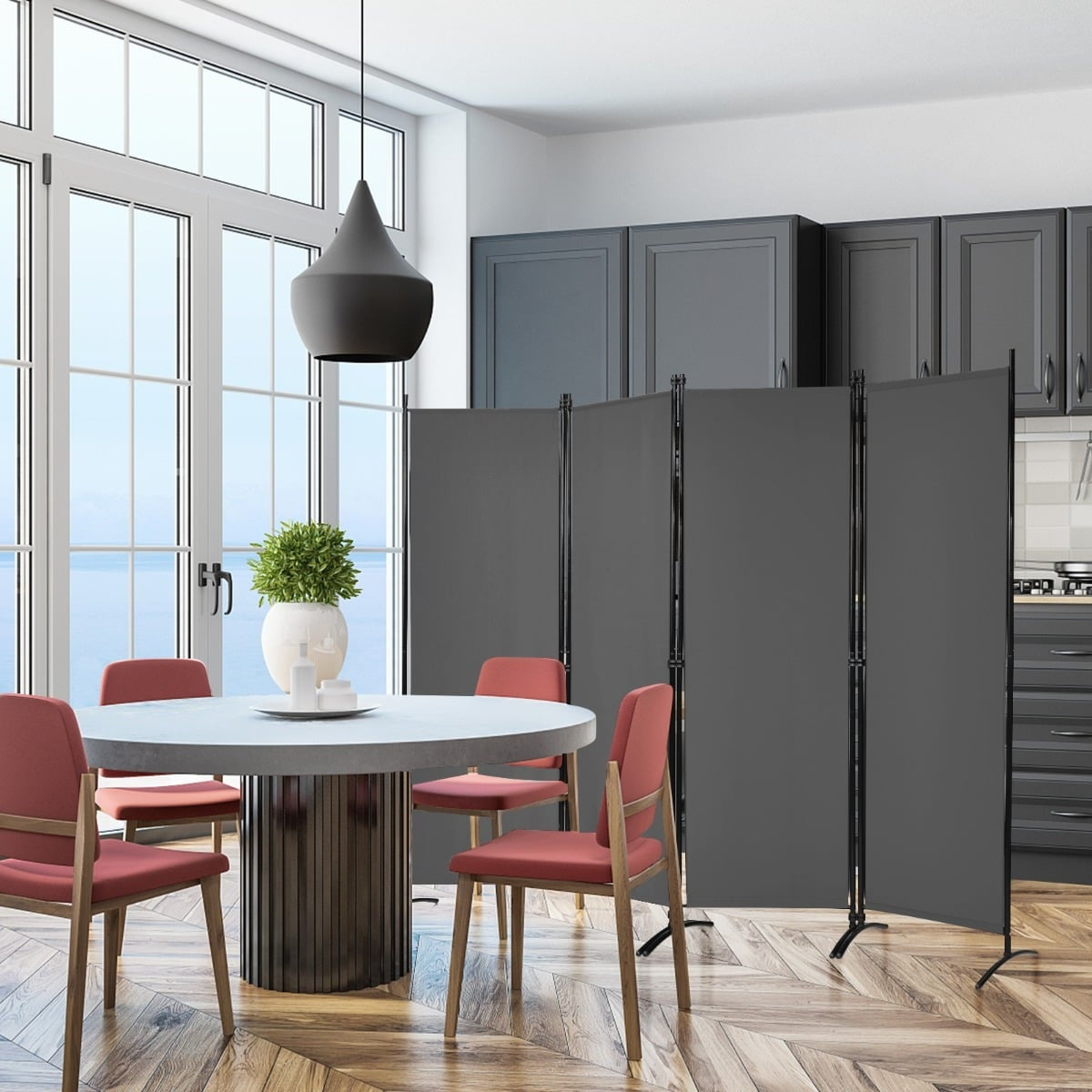4-Panel Gray Room Divider, 173 cm High, Steel Frame
