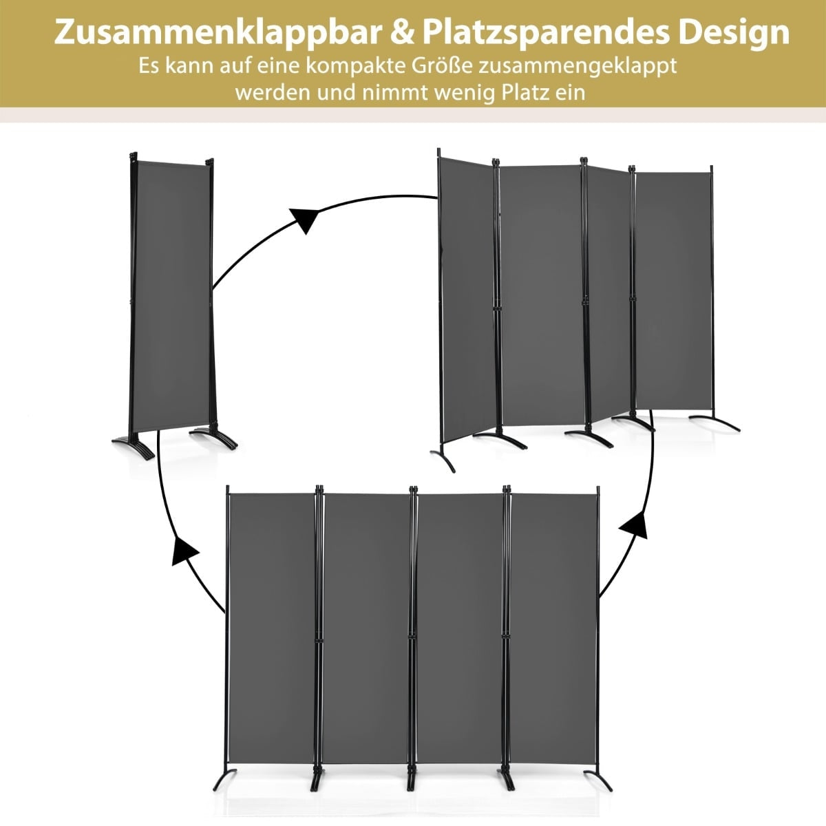 4-Panel Gray Room Divider, 173 cm High, Steel Frame