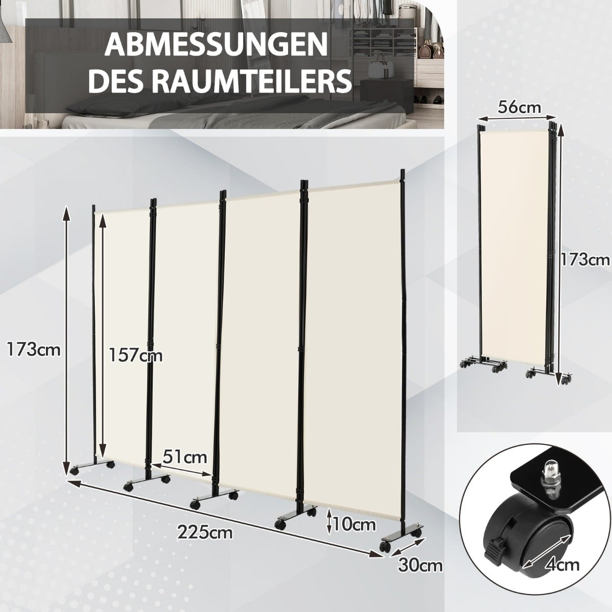 4-Panel Room Divider with Wheels, 173 cm High, Beige