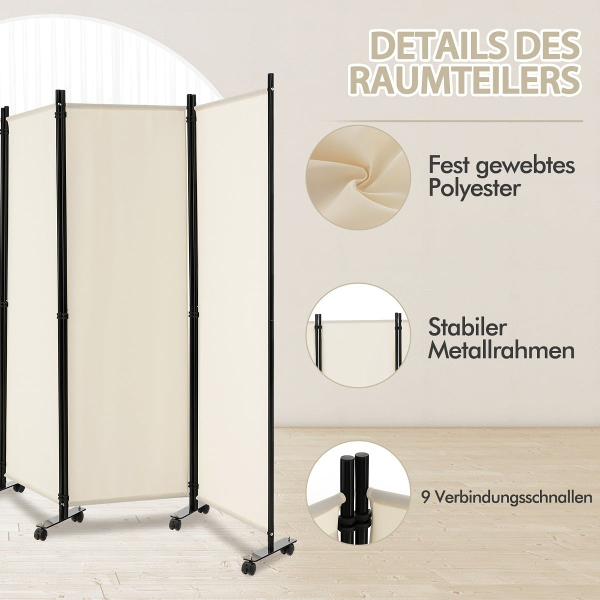4-Panel Room Divider with Wheels, 173 cm High, Beige
