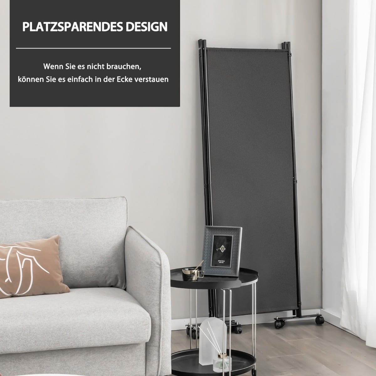 4-Panel Room Divider with Wheels, 225x173 cm, Gray