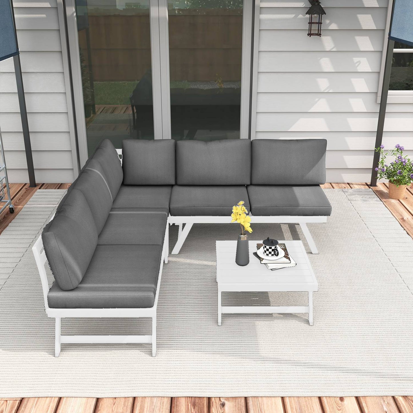 4-piece gray garden furniture set, sofa and coffee table