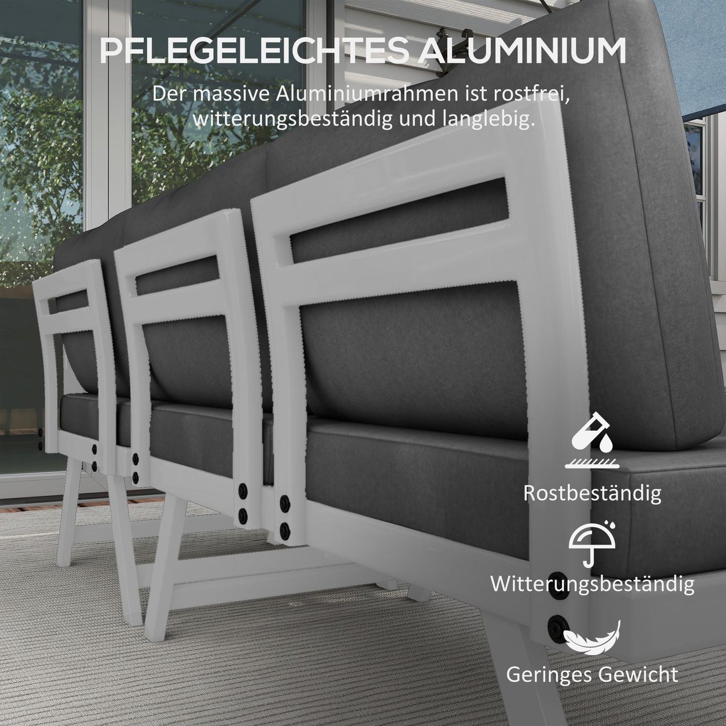 4-piece gray garden furniture set, sofa and coffee table