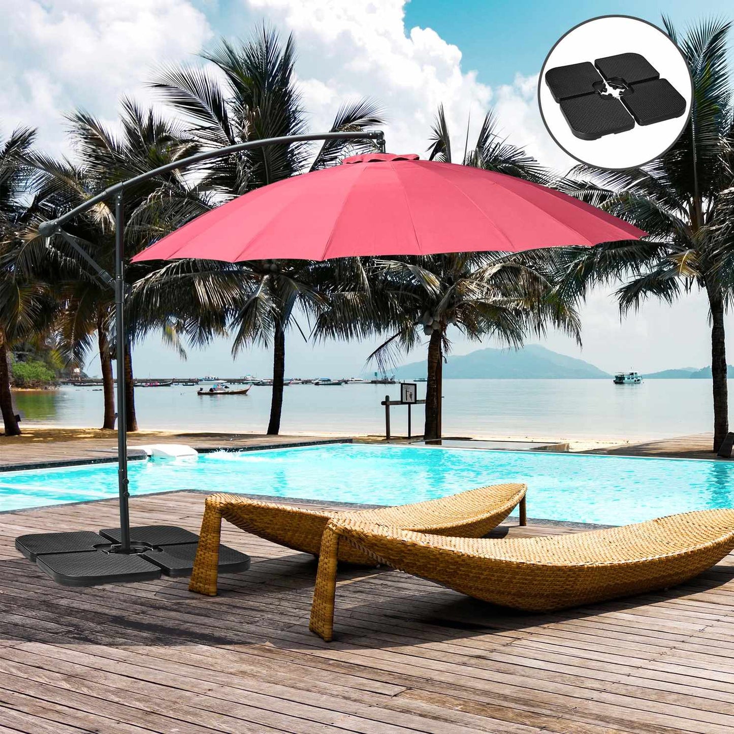 Weather-resistant parasol base, holds up to 80 kg of sand