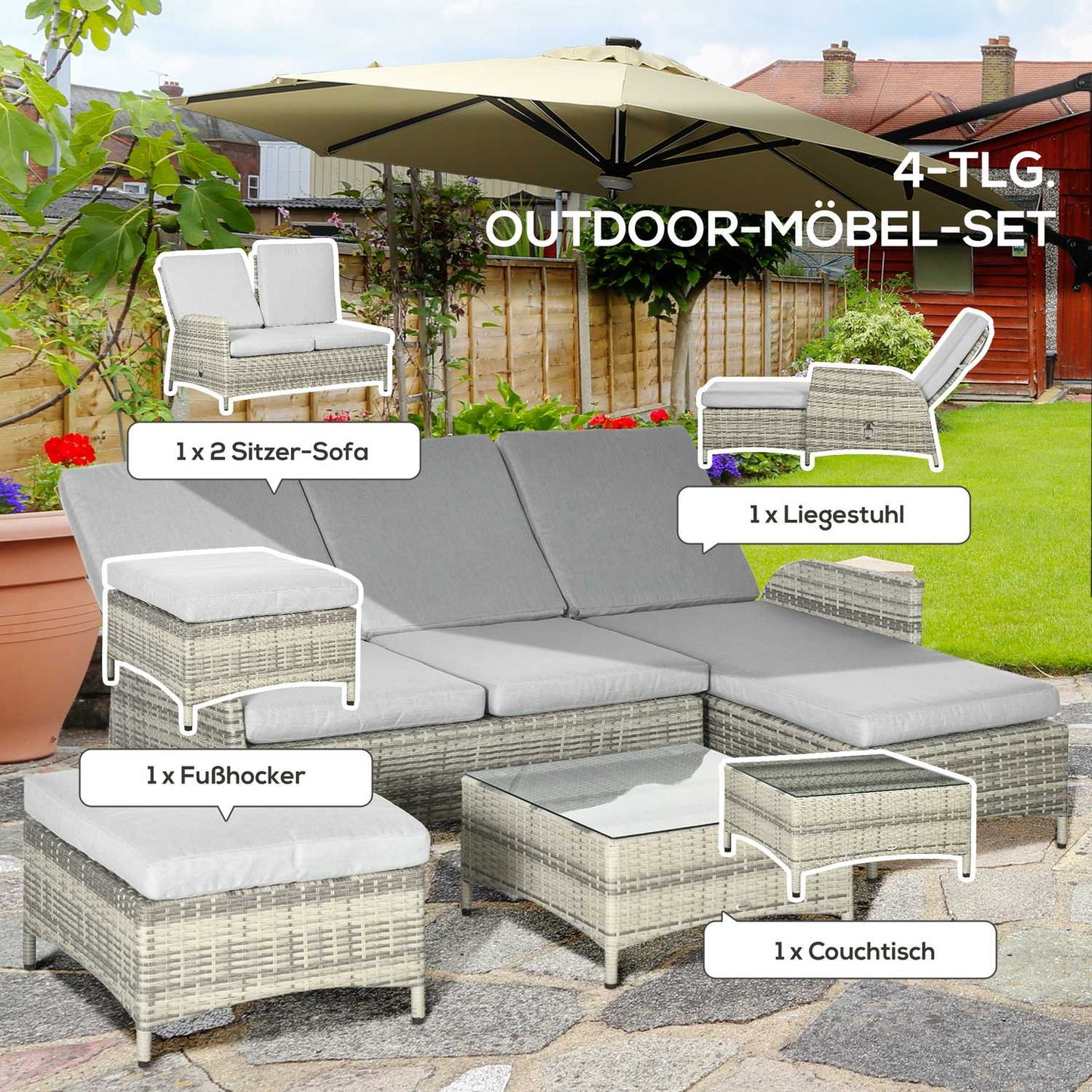 4-piece rattan garden furniture, weatherproof, removable covers