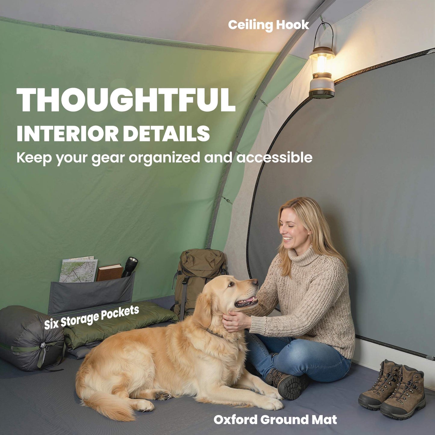 4-Person Tunnel Tent with 2 Rooms, 196cm Height, Waterproof