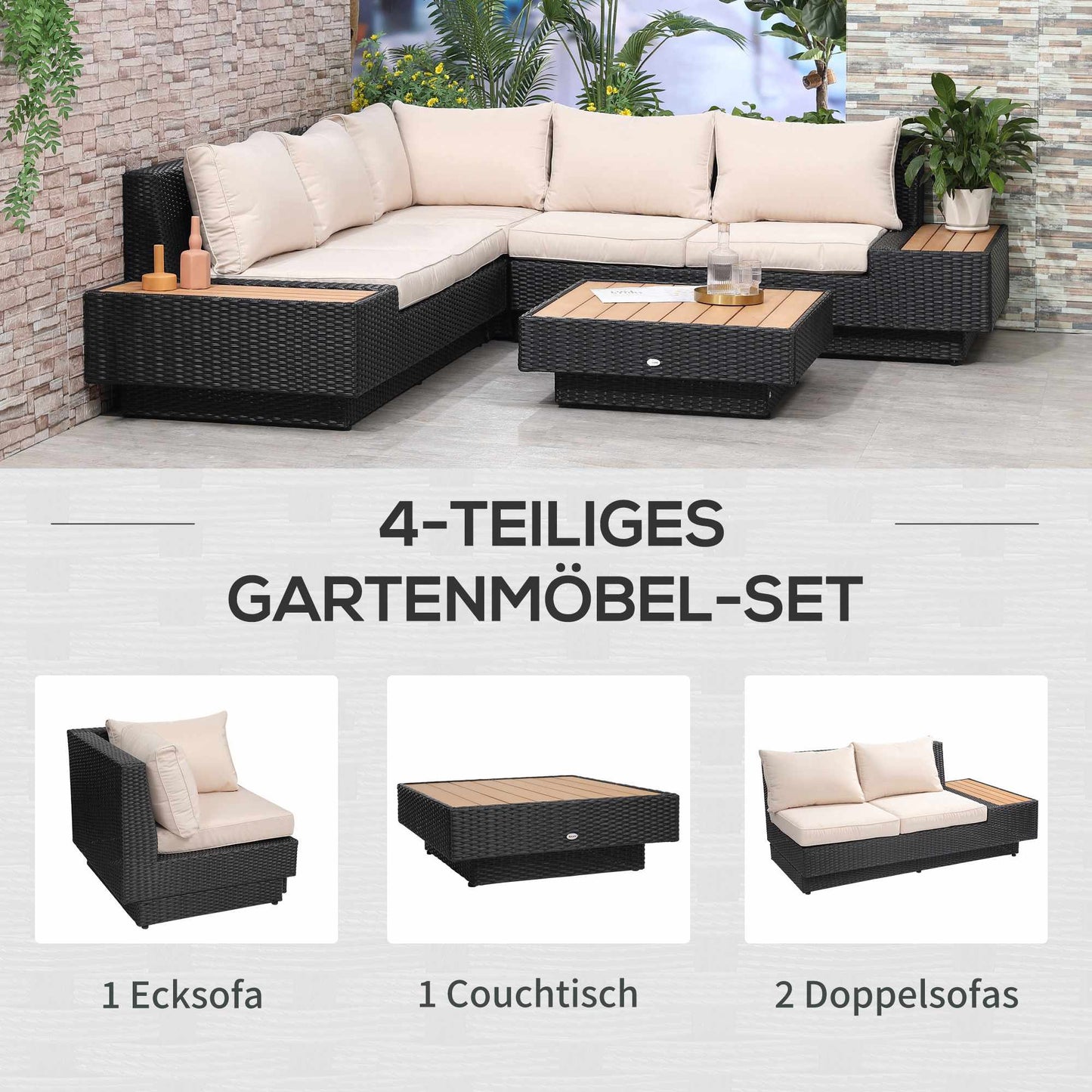 4-Piece Black Polyrattan Outdoor Lounge Set with Cushions