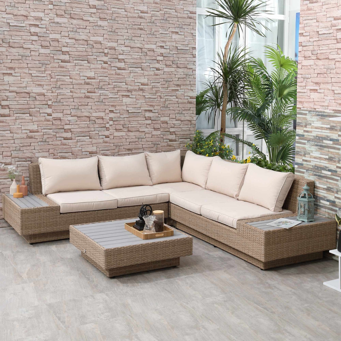 4-Piece Brown Polyrattan Outdoor Furniture Set with Cushions