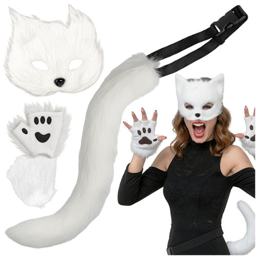 4-Piece Cat/Fox Costume Set, White, Adjustable Tail