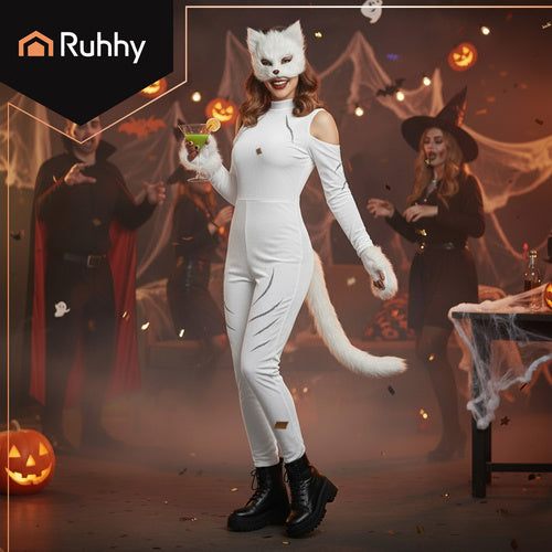 4-Piece Cat/Fox Costume Set, White, Adjustable Tail