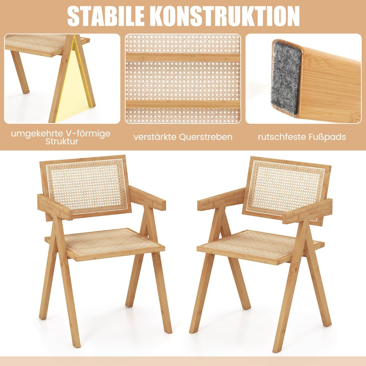 4-Piece Dining Chair Set, Bamboo & Faux Rattan, Natural