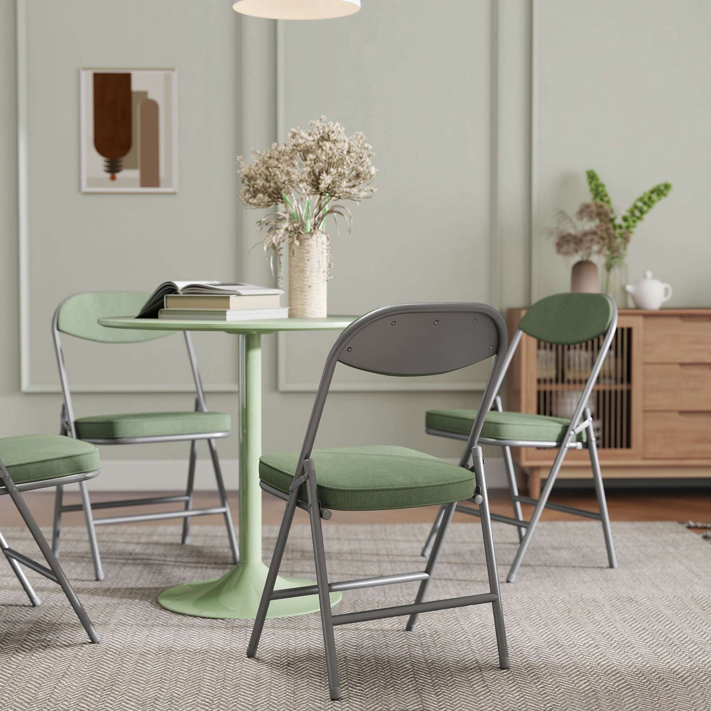 4-Piece Folding Chair Set, Corduroy, Steel Frame, Green