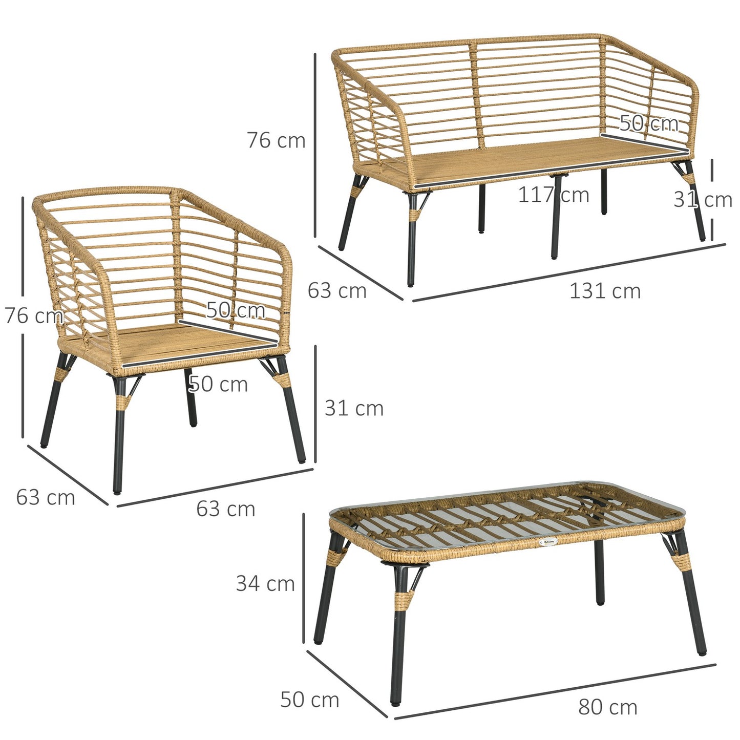 4-piece garden furniture in rattan, cushions included
