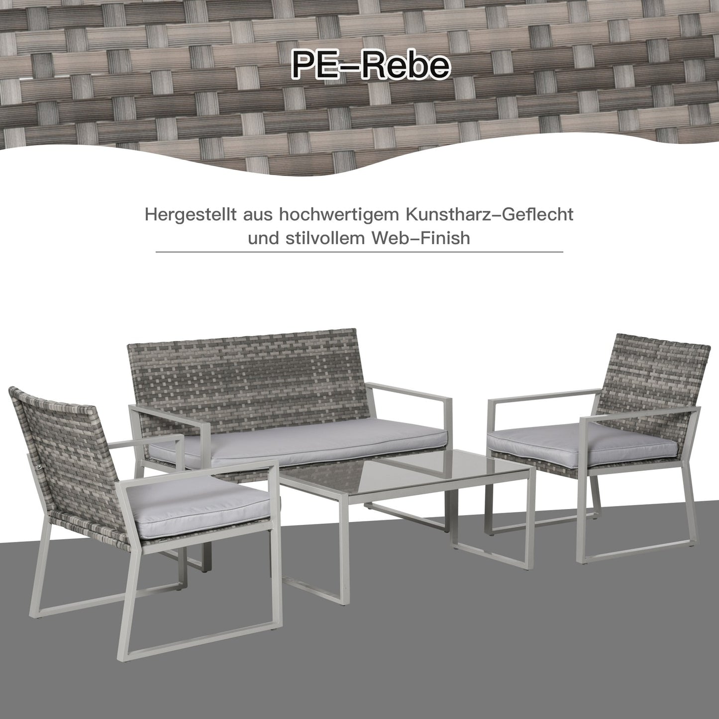 Patio in 4 parts, sofa and cushions, steel and rattan